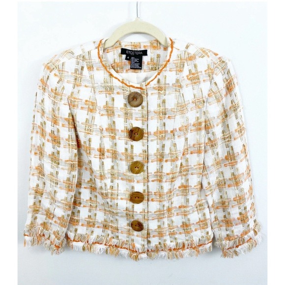 ETCETERA Linen Fringe Snap‎ Front Cropped Jacket Blazer Size 12 White Orange - Picture 1 of 12